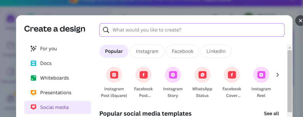 Different social media templates on Canva