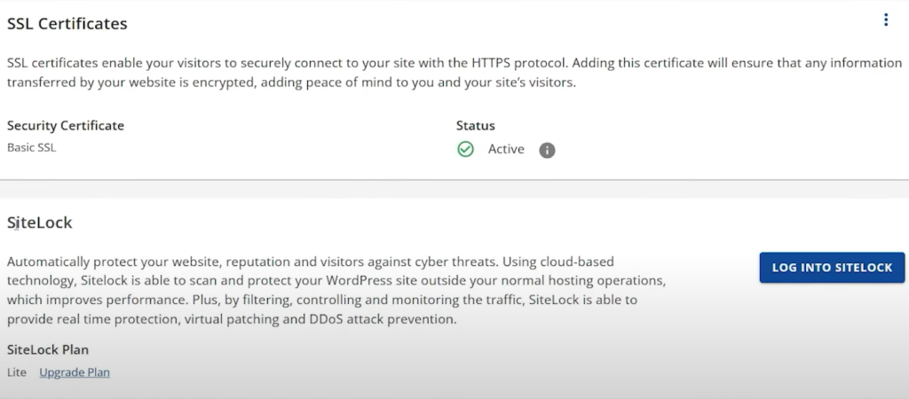 SiteLock and SSL information in Bluehost.