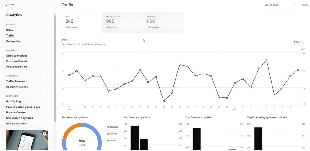 This image is showing the preview of Squarespace analytics and total views and visualized data.