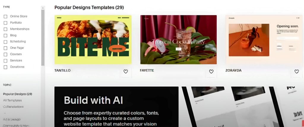 Selecting various templates available in Squarespace.