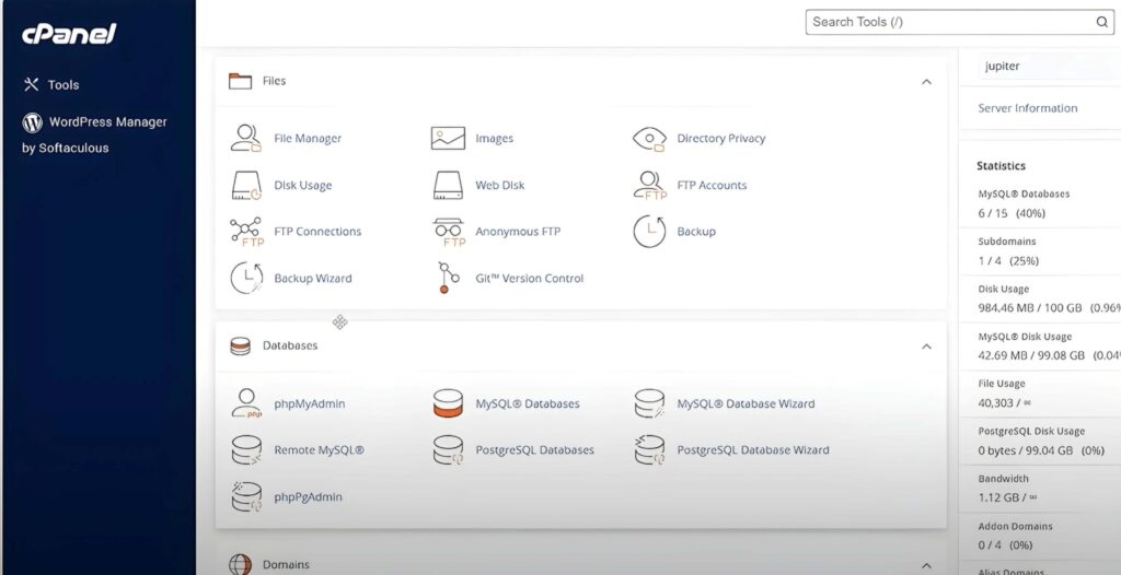 Bluehost control panel tools section.