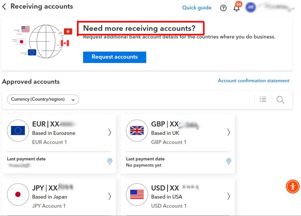 Recieving accounts with different currencies of Payoneer