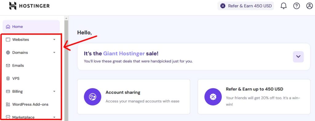 Hostinger's organized and easy to navigate dashboard