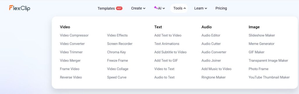 Key features are shown of FlexClip, templates, tools and more.